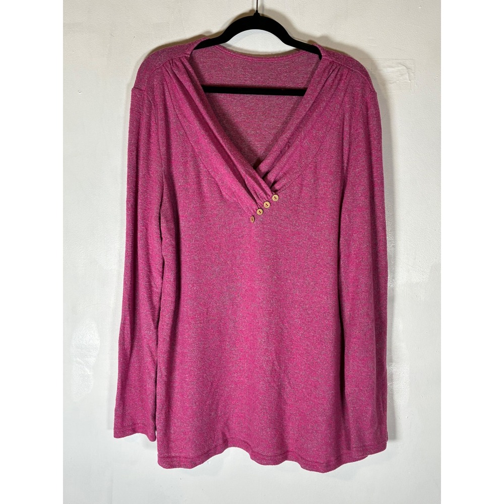 Soft Marled Pink V‎ Neck Faux Button Knit Top Long Sleeve Casual Stretch Large